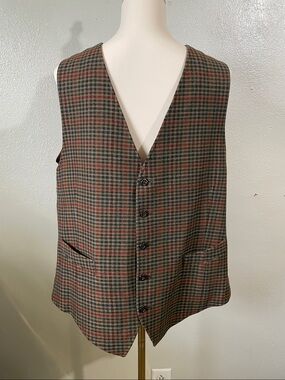 Heritage Dark Academia Wool Blend Plaid Suit Vest Brown Button Medium Collegiate